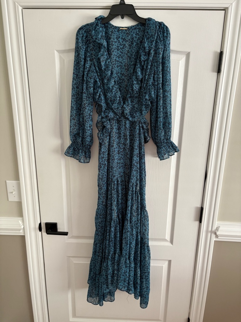 Elie Tahari Teal Blue Floral Ruffle Maxi Dress